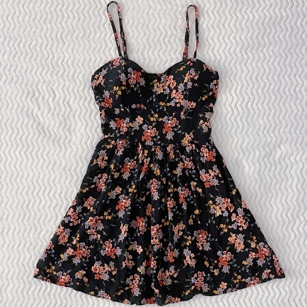 New Look Mini Dress Womens S Black Floral Spaghetti Strap Sweetheart Cute Chic